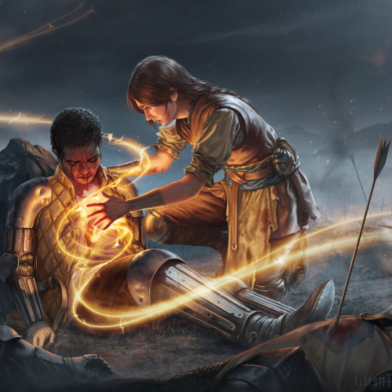 a fantasy illustration of a healer working golden glowing magic on a wounded fighter on a misty battlefield surrounded by fallen warriors.