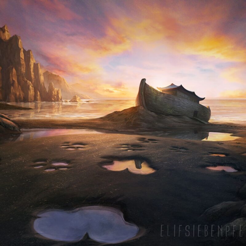 A view of Noah's ark on a beach with cliffs and remnants of water in animal footprints. The whole scene is lit by a sunrise.